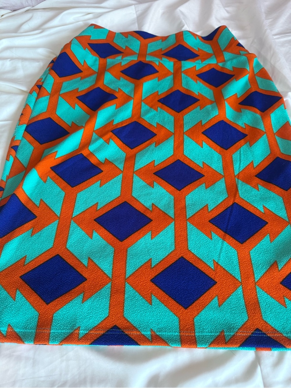 LuLaRoe Orange, Teal & Navy Geometric Cassie Pencil Skirt